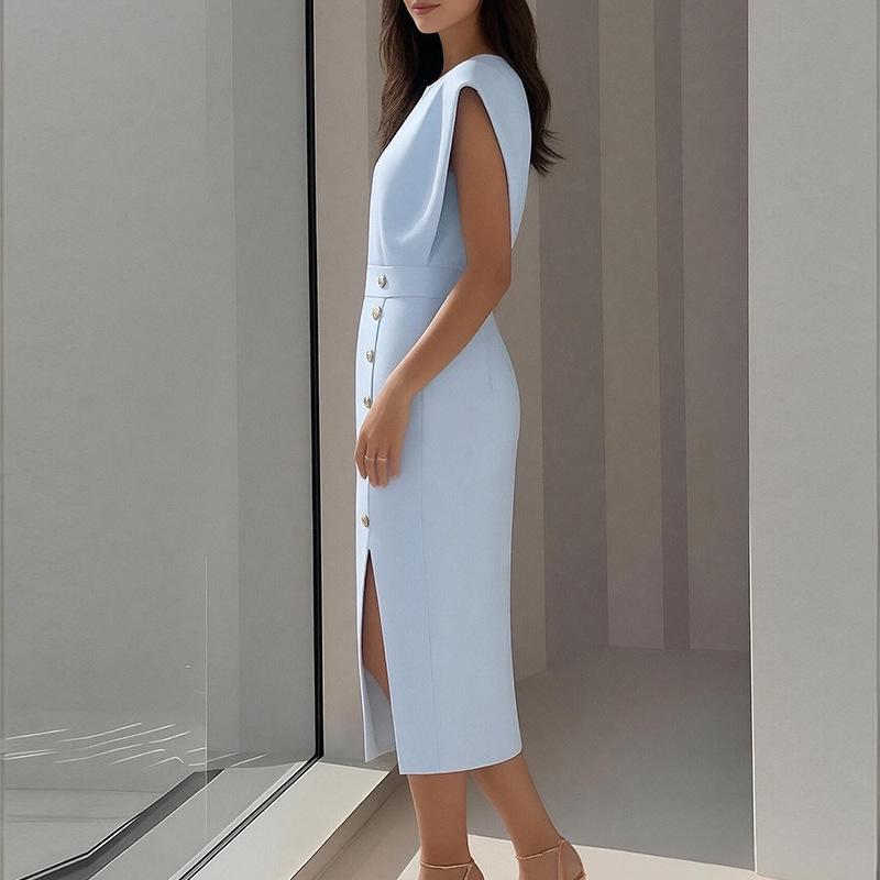 2026 Spring Women's European and American Solid Color French Dress: Elegant Buttoned Split Hip-Hugging Skirt