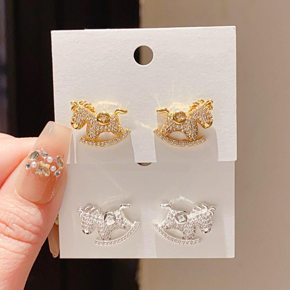 Chinese Style Crystal Zodiac Pony Earrings Cartoon New Year Ear Studs  New Year Gift
