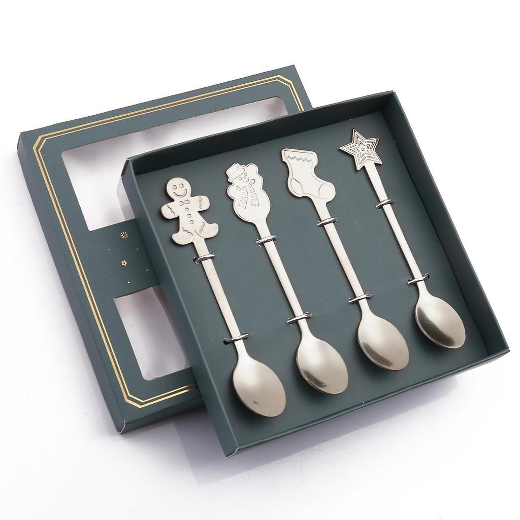 4pcs Christmas Teaspoons Coffee Spoons With Gift Box Stirring Spoons Stainless Steel Tableware Snowman Stocking Star Dessert Spoon