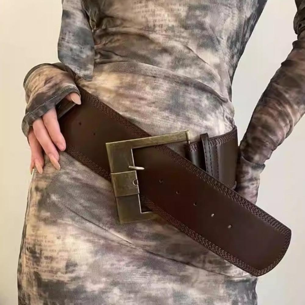 Y2K Retro Breiter Taillengürtel Dornschließe PU-Leder Taillenbänder Vintage Metallschnalle Breiter Gürtel Oberbekleidung