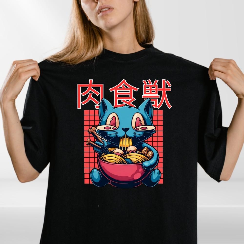 Anime T Shirt Cat Ramen Noodles Manga Japanese Geek Regular Fit Tee