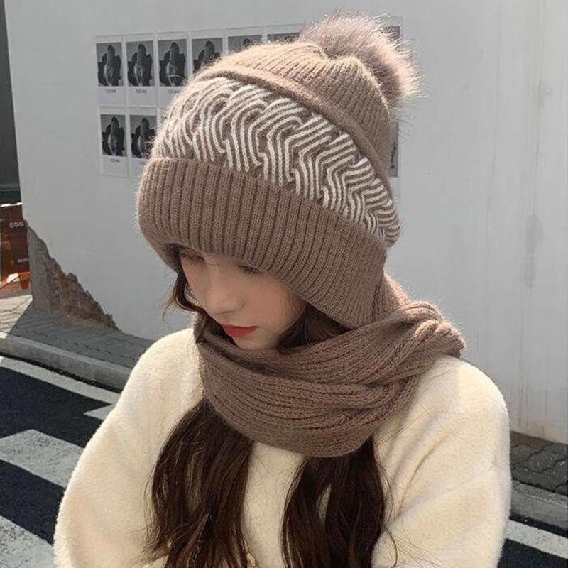 Women'S Korean Hooded Scarf Winter Hats Woman Cold Protection Warm Scarf Hat Cute Fur Ball Ear Protection Thickened Knitted Hat