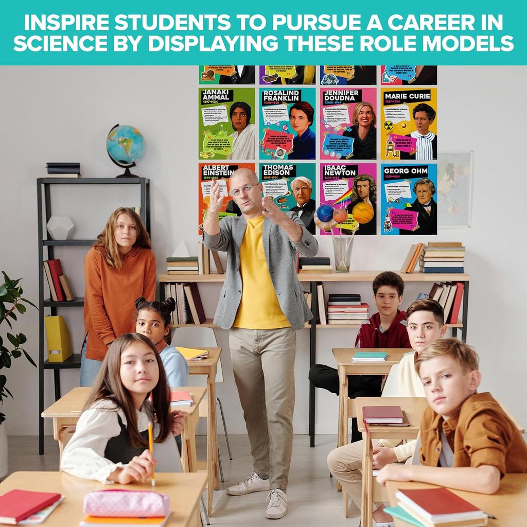 Decorably 12 Famous Scientists Posters for Classroom, 11x14in Educational Matte-Laminated for School Decor, Hallways, Bulletin Boards, Home Study