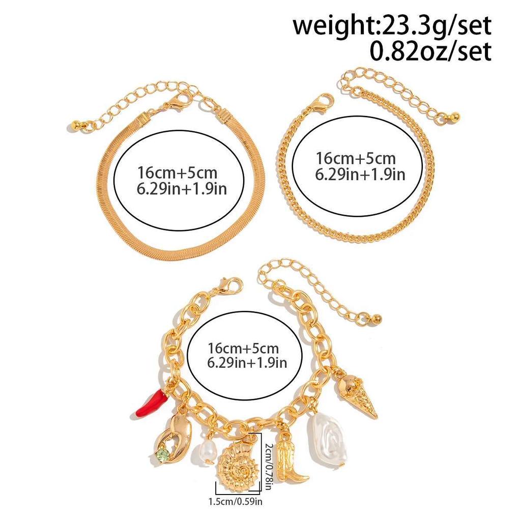 Ingemark 3Pcs/Set Boho Conch Boot Chili Pendant Bracelets for Women Trend 2026 Vintage Charm Chain Bangles Couple Jewelry Gift