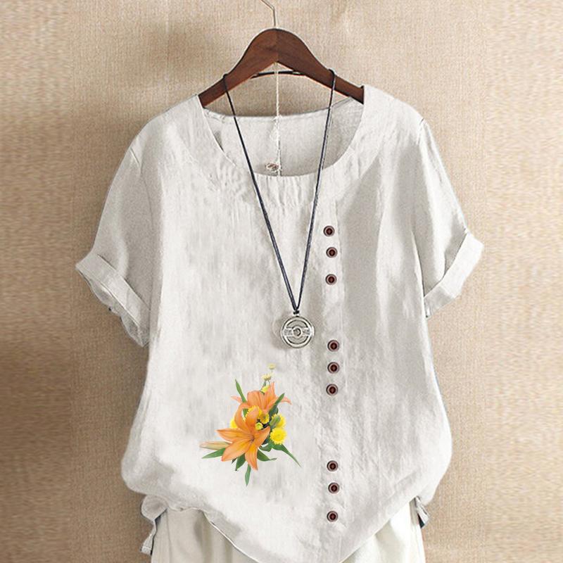 Women's Fashion Flower Pattern Print Short Sleeve T-shirt Loose Cotton Shirt Casual Loose Summer Blouse Tops Plus Size