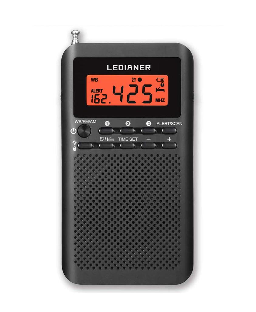 Compact portable radio for FMAMSW, uses two AA batteries, features backlit buttons for nighttime use, digital clock, alarm clock, and sleep timer