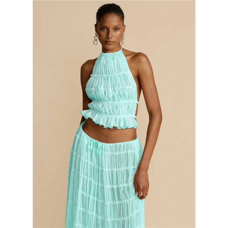 Damen Neuer einfarbiger 2-teiliger lässiger Neckholder-Tragekomfort Mehr Sommer Ärmellos Locker Urlaub Damen Rockanzug