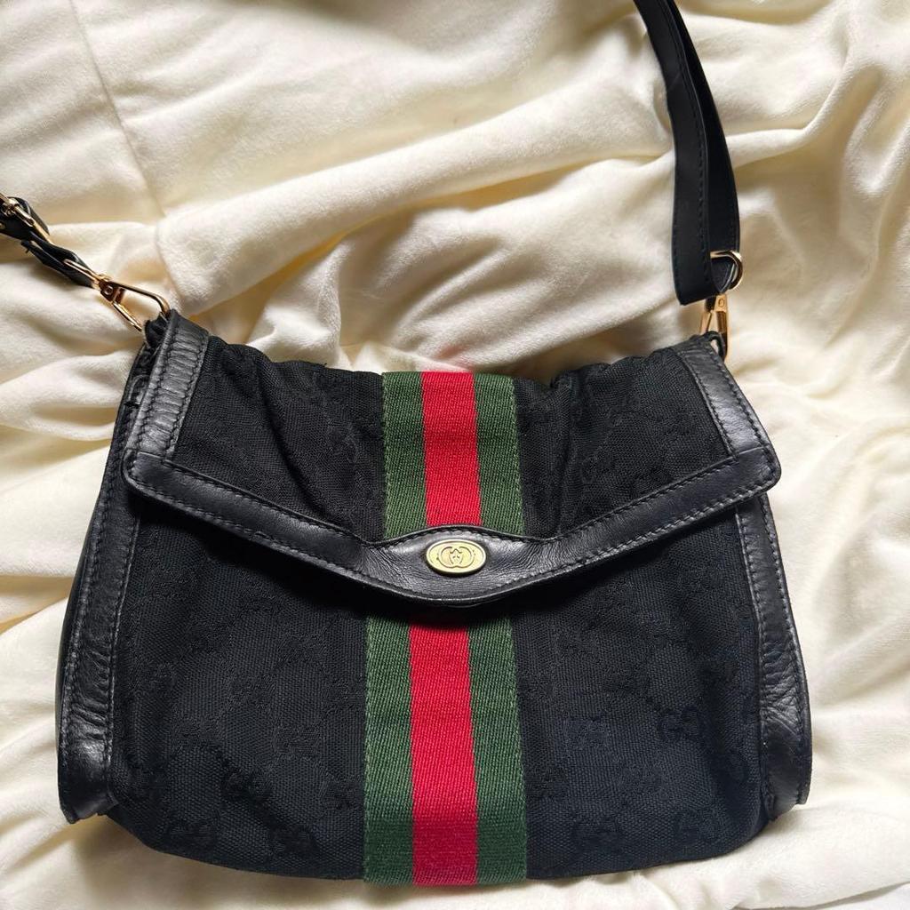 Used Gucci Shoulder Bag GG Canvas Sherry Line 2way Black