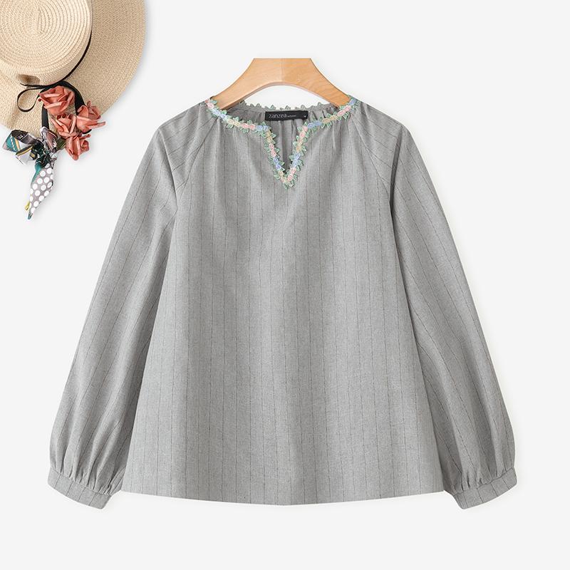 ZANZEA Women Splice V-Neck Loose Casual Long Sleeve Blouse