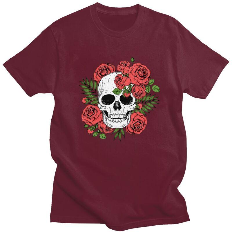 Custom Skull Roses Flowers T Shirts Men Short Sleeve Tshirts Streetwear Tee Tops 100 Cotton Slim Fit Tshirts Merch