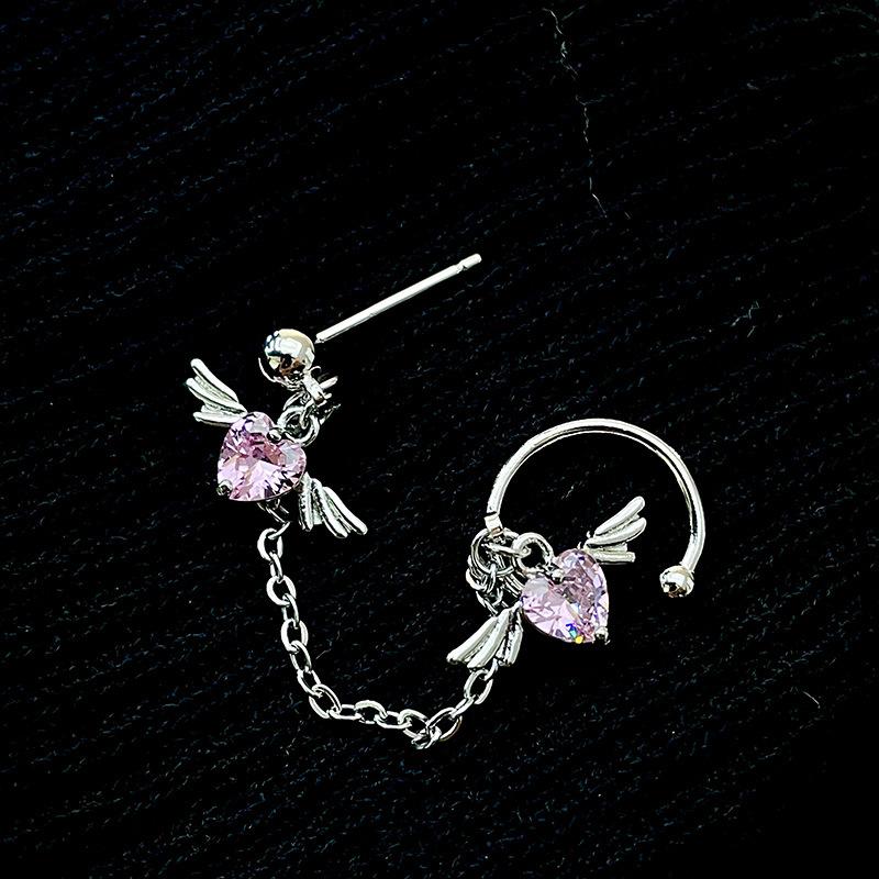 Goth Y2K Pink Crystal Heart Stud Earrings Ear Clip Piercing Wings Cartilage Chain Ear Studs for Women Harajuku Aesthetic Jewelry
