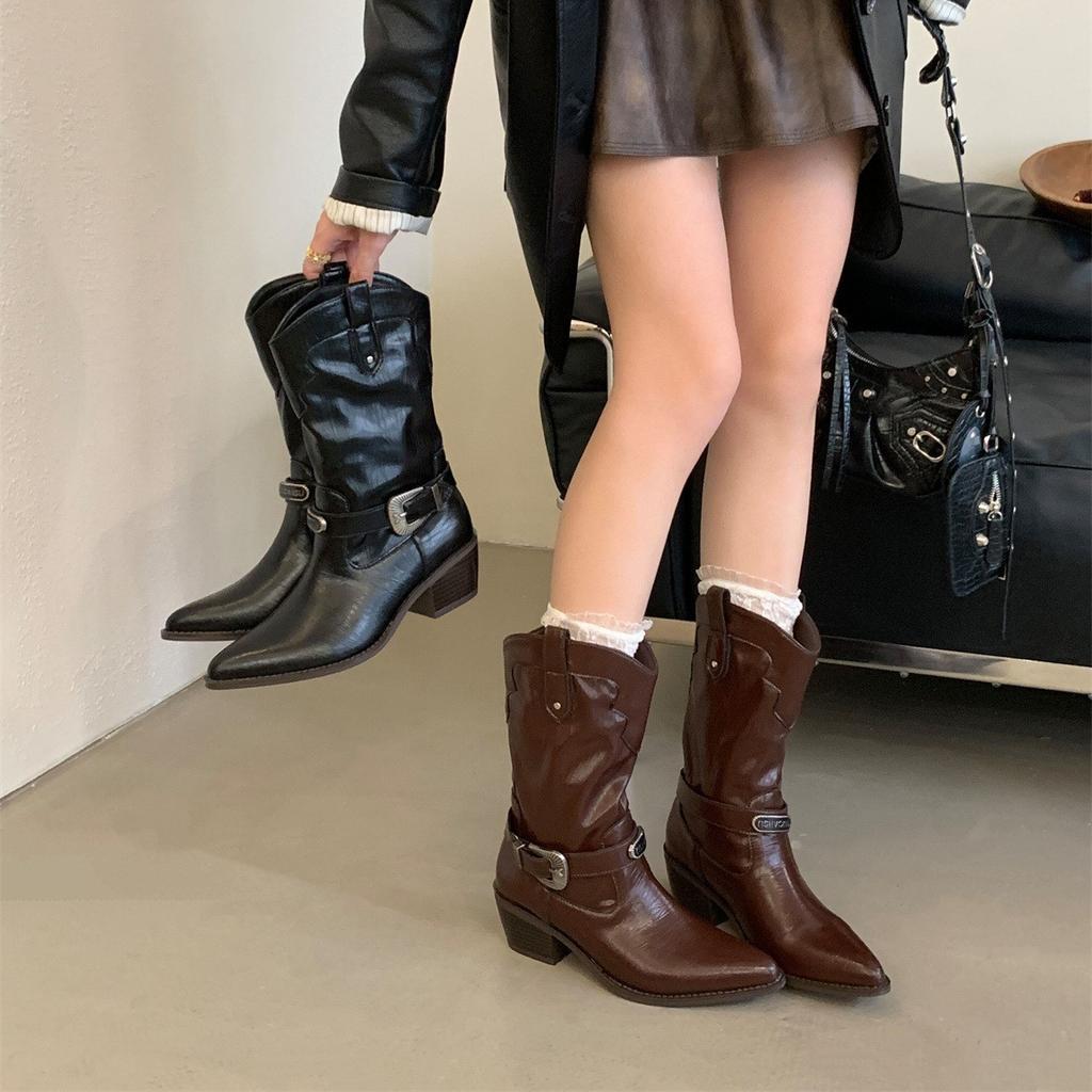 Retro Belt Buckle Medium Tube Knight Boots Women's 2025 Autumn and Winter New Square Head Thick Heel Thin Western Cowboy Boots