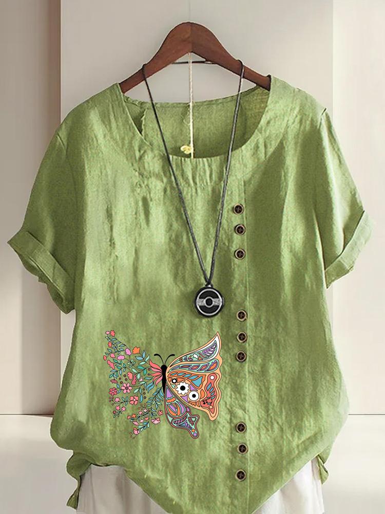 

Women s Fashion Multi Colored Butterfly Flowers Print Shot Sleeve T-shirt Loose Cotton Shirt Casual Loose Summer Blouse Tops Plus Size 5XL зелений