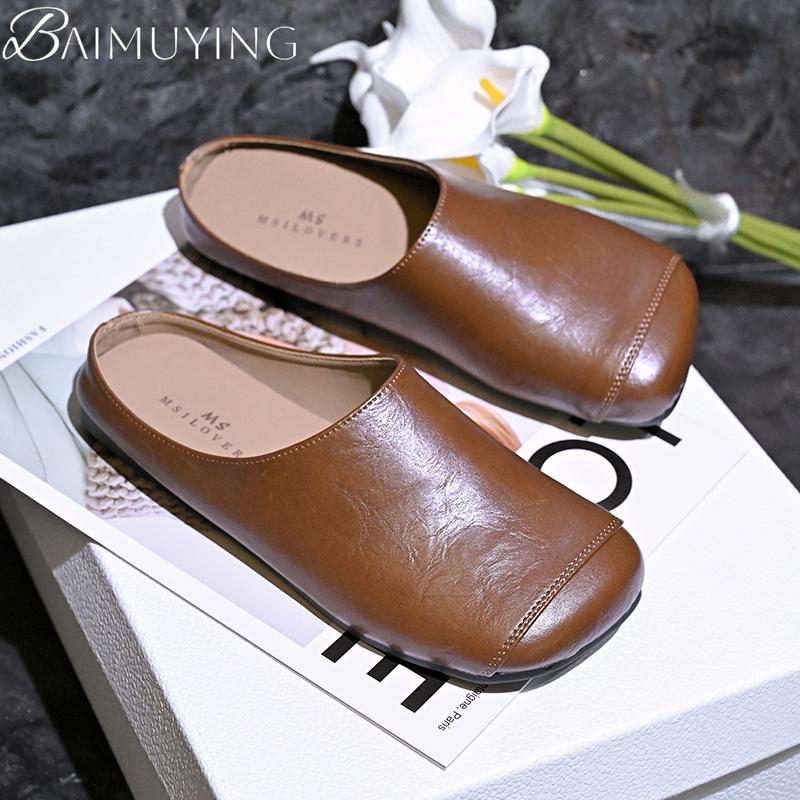 Fashion Women Slippers Square Toe Mules Flats Sandals Loafers Shoes 2025 Trend Summer Casual Shoes Comfort Soft Leather Zapatillas Mujer