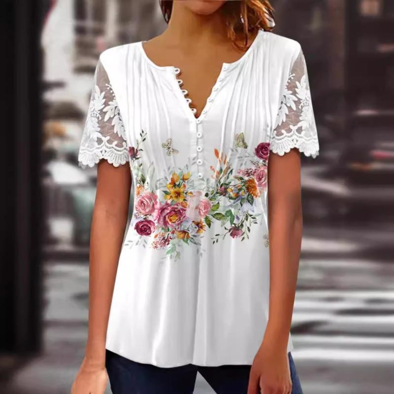 Sommer Neue Blumendruck Beiläufige Lose Blusen Frauen Mode Elegante Vintage Rüschen Spitze Kurzarm Shirts für Frauen Rundhals Slim Fit tops 26515