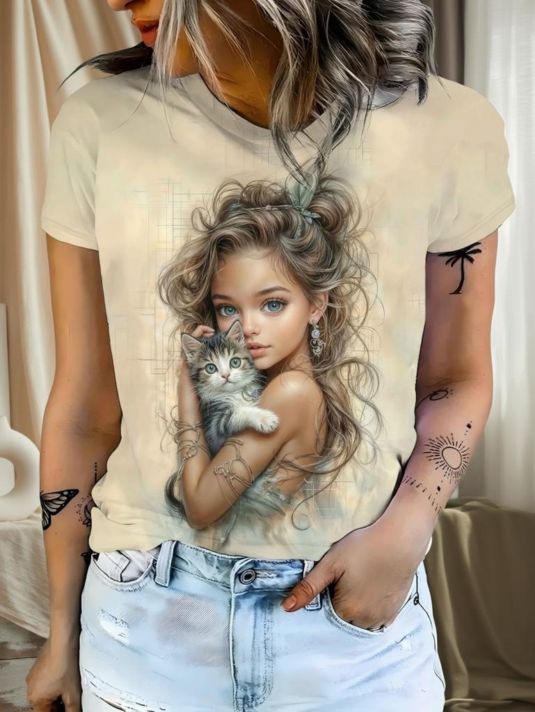 3D Printed Little Girl Graphics T-Shirt for Women Short Sleeves Summer Casual Streetwear O-Neck Tops Oversized Women Clothing