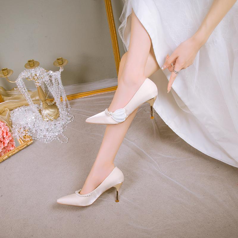 Pantofi de nuntă cu tocuri subțiri cu aripi eleganti, pantofi de mireasă, cu perle, cu toc înalt, pantofi cu toc înalt pentru femei, pantofi cu mărgele șir