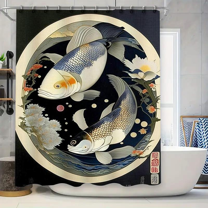 

Vintage Japanese Fish Print Shower Curtain Waterproof Decorative Home Bathroom Decor Modern Floral Design Fabric Shower Curtains W60H190(CM)-1 Pcs