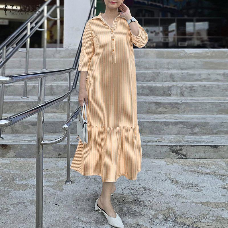 

ZANZEA Женское повседневное платье-рубашка с отложным воротником, свободного кроя, с рукавами 3/4 и полосатым принтом 5XL хаки