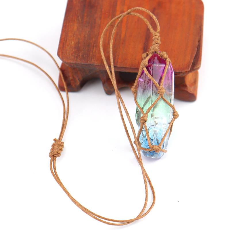 Natural Stone Crystal Column Mesh Pocket Hand-Woven Necklace Pendant, Adjustable N562