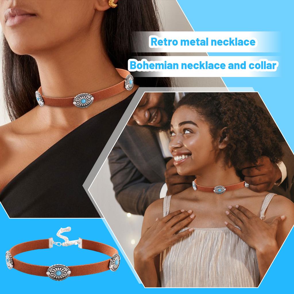 Retro Necklace Metal Flower Disk Turquoise Korean Velvet Necklace Choker Bohemian Necklace Collar