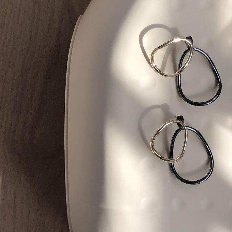Silver needle cold wind new contrasting color oval earrings retro stud earrings elegant simple versatile earrings women