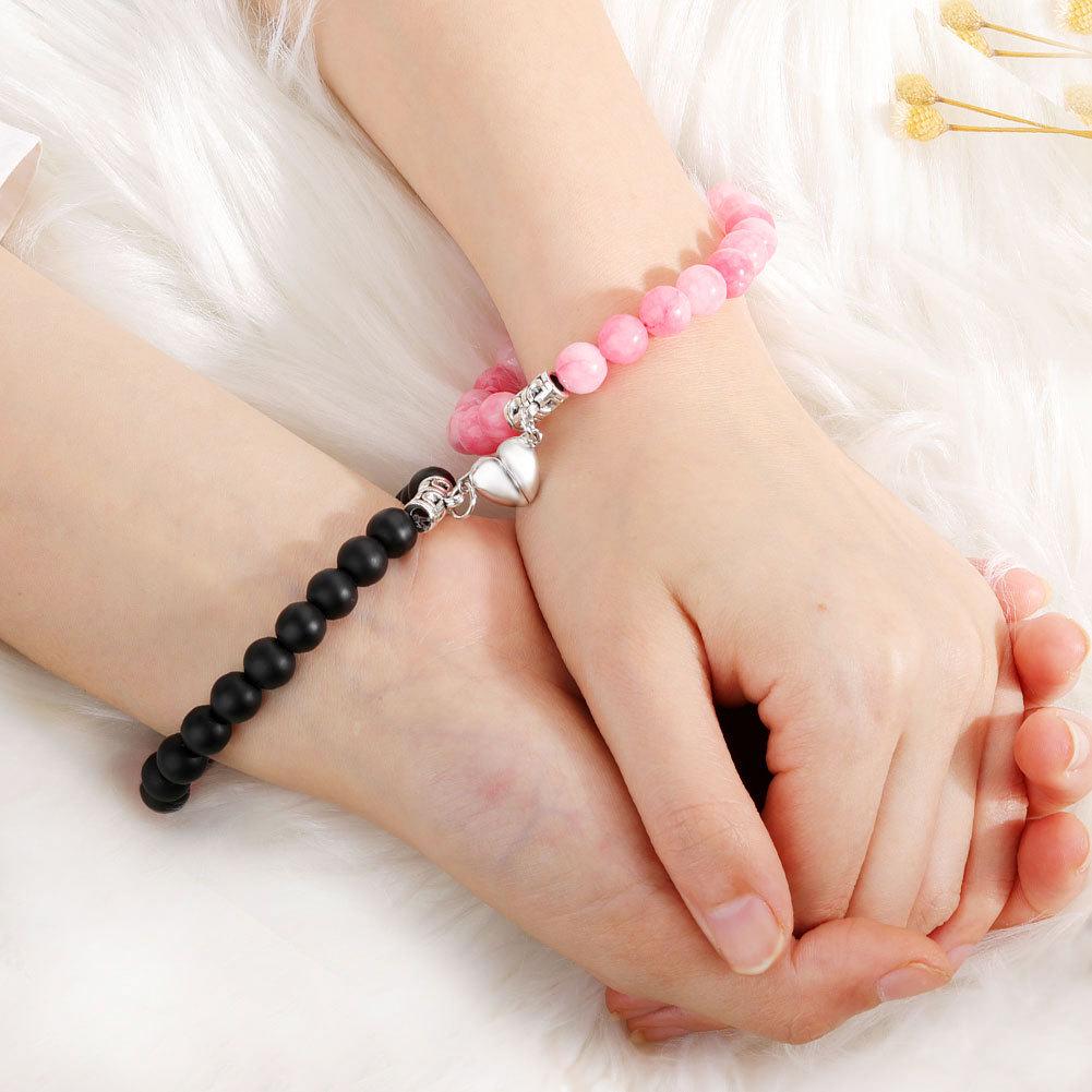 Heart Magnetic Couple Bracelet: Natural Stone, White Pine, and Tiger Eye Beaded Jewelry for Women
