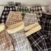 Women's High-Waisted Fleece-Lined Wide-Leg Plaid Pants for Autumn and Winter