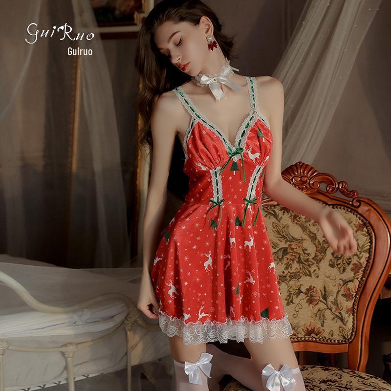 Guiruo Damen Sexy Samt Weihnachts-Nachthemd Set - Leidenschaftliche Tiefer Ausschnitt Dessous Übergröße