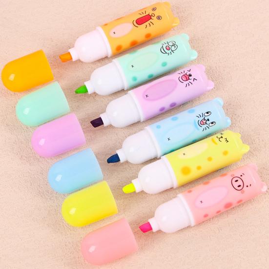 6Pcs Chisel Tip Highlighter Marker, Cute Marker Pen, Cartoon Macaron Highlighter No-Bleed Ink Markers for Journaling, Planners, and Office Documents