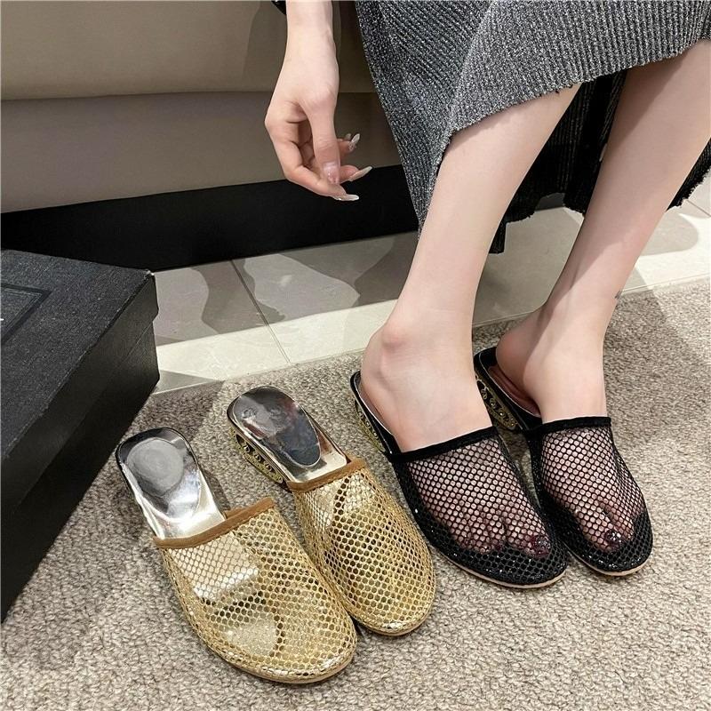 Fashion Mesh Slippers Fashion Round Toe Deep Mouth Breathable Non-slip Hollow Heel Wrapped Head Half Drag