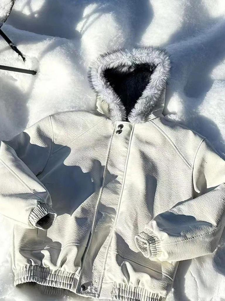 Unisex American Style Hooded PU Leather Jacket with Wolf and Eagle Design - Thick, Warm Cotton for Winter