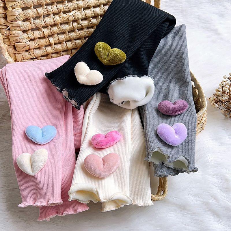 Girls' Fall/Winter Fleece-Lined Outerwear Pants Stylish Heart-Patterned Slim-Fit Fleece Leggings Children's Clothing