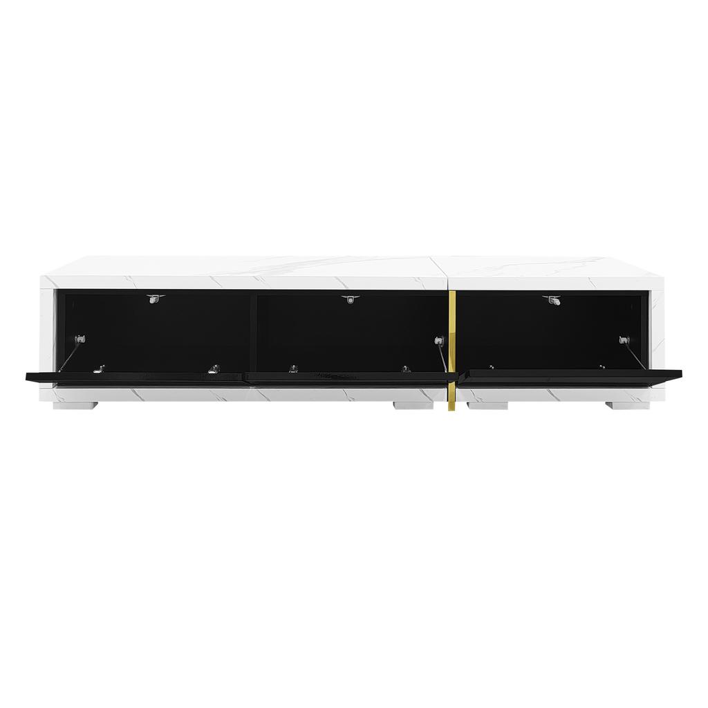 Modern TV Cabinet with Variable Length (140-260 cm), Rotating Function, White Marble Look, Black High-Gloss Matte Finish and Gold Ornaments