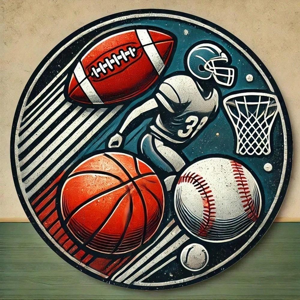 Vintage Round Metal Wall Art 7.8 Inch Sports Aluminum Sign Football Basketball Baseball Decor for Home Bar Rustic Weatherproof Plaque
