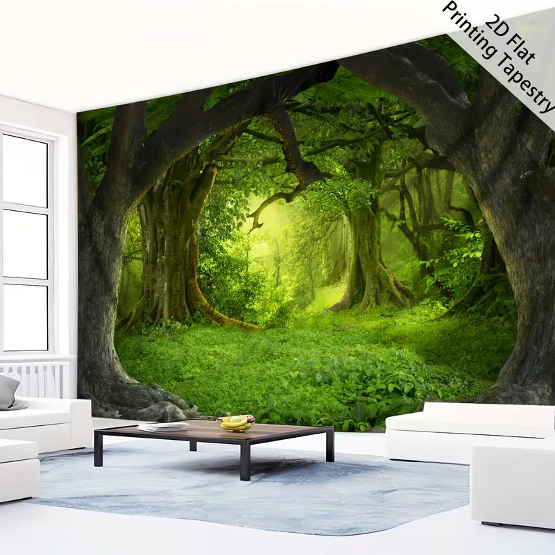

2D Mystical Forest Path Tapestry Green Sunlight Tree Print Wall Art Tapestry for Aesthetic Room 47.2x31.5inch/120*80cm