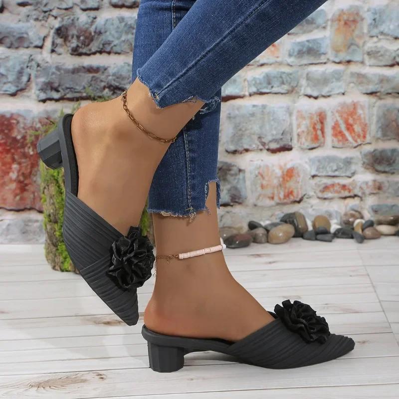 Fashion Shoes Female 2024 High Quality Closed Toe Women's Slippers Fashion Floral Dress Slippers Women New Shallow High Heels Zapatos