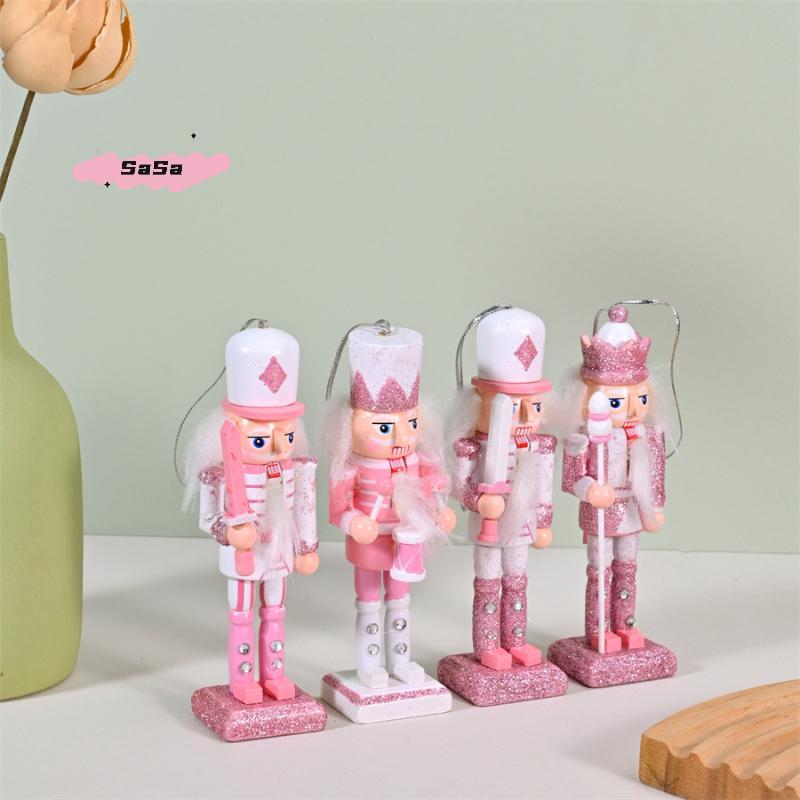 S-1/4Pcs Soldier Home Desktop Ornament Nutcracker Puppet Christmas Tree Pendant Pink Wooden Handicraft Xmas New Year Decoration