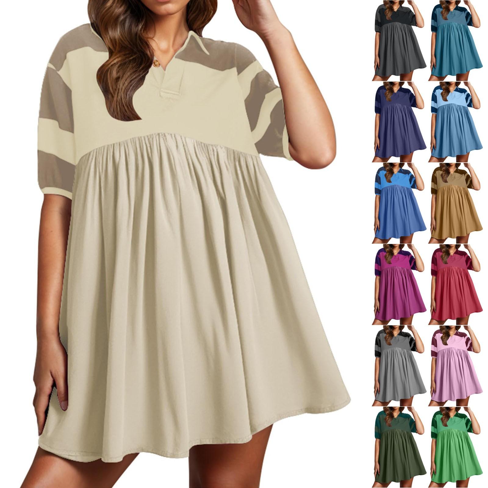

Women Babydoll Dress Striped Colorblock Pleated Oversized Short Sleeve Collar T-Shirt Dress S