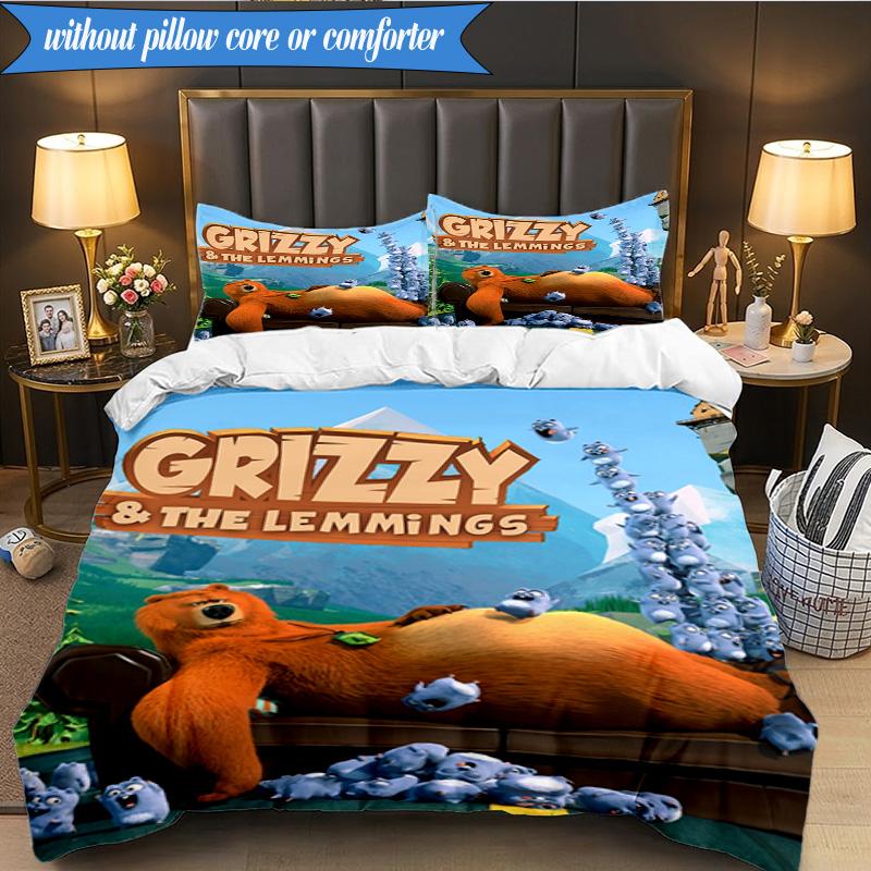 Bear And Blue Critter Adventure 3pcs K-pop music group Bedding set,Ideal for Bedroom, Dormitory,Including Duvet Cover And 2pcs Pillowcases,Fan gifts