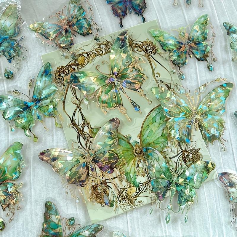 20pcs Ice Crystal Laser Butterfly Decorative PET Stickers Retro Handbook Material Scrapbooking Label Diary Journal Planner