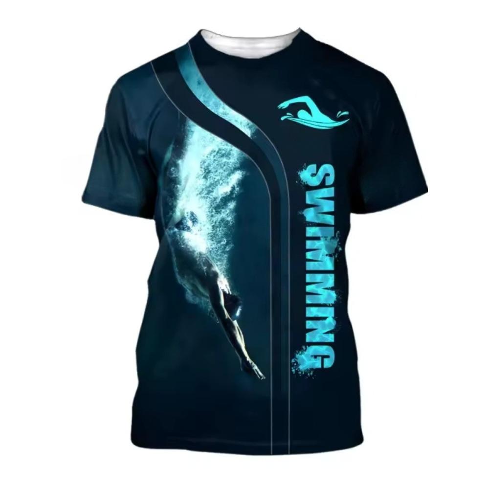 Men's 3D Printed Swimming T-shirt Loose Casual Comfortable Breathable Plus Size Short Sleeved Versatile Fashion T-shirt