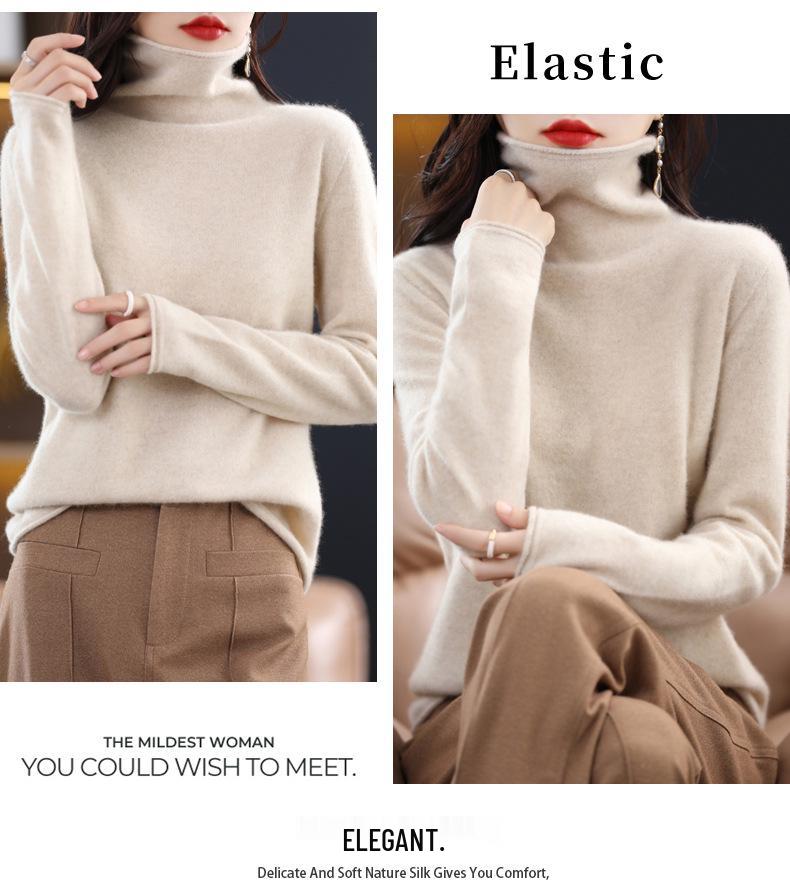 Women's Cowl Neck Wool Sweater: Slimming Autumn/Winter Cashmere Knit Base Layer, Long Sleeve.
