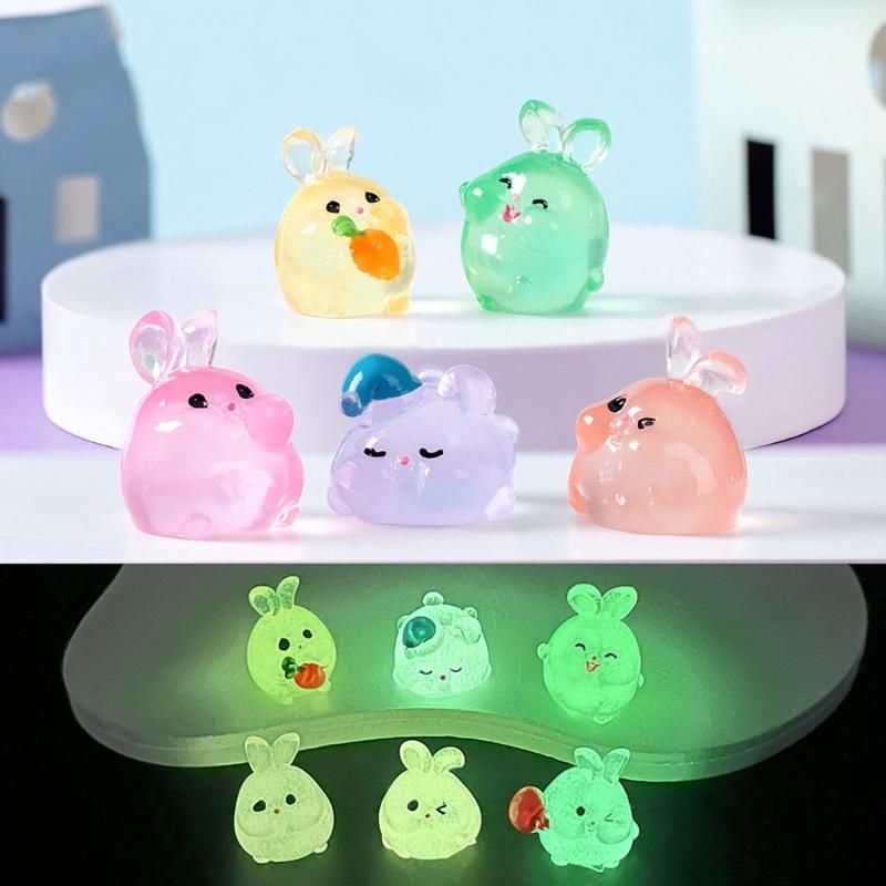6 Piece Resin Rabbit Figurine Set with Glow Feature Miniatures Rabbit Ornament for Bedroom, Living Room, Study
