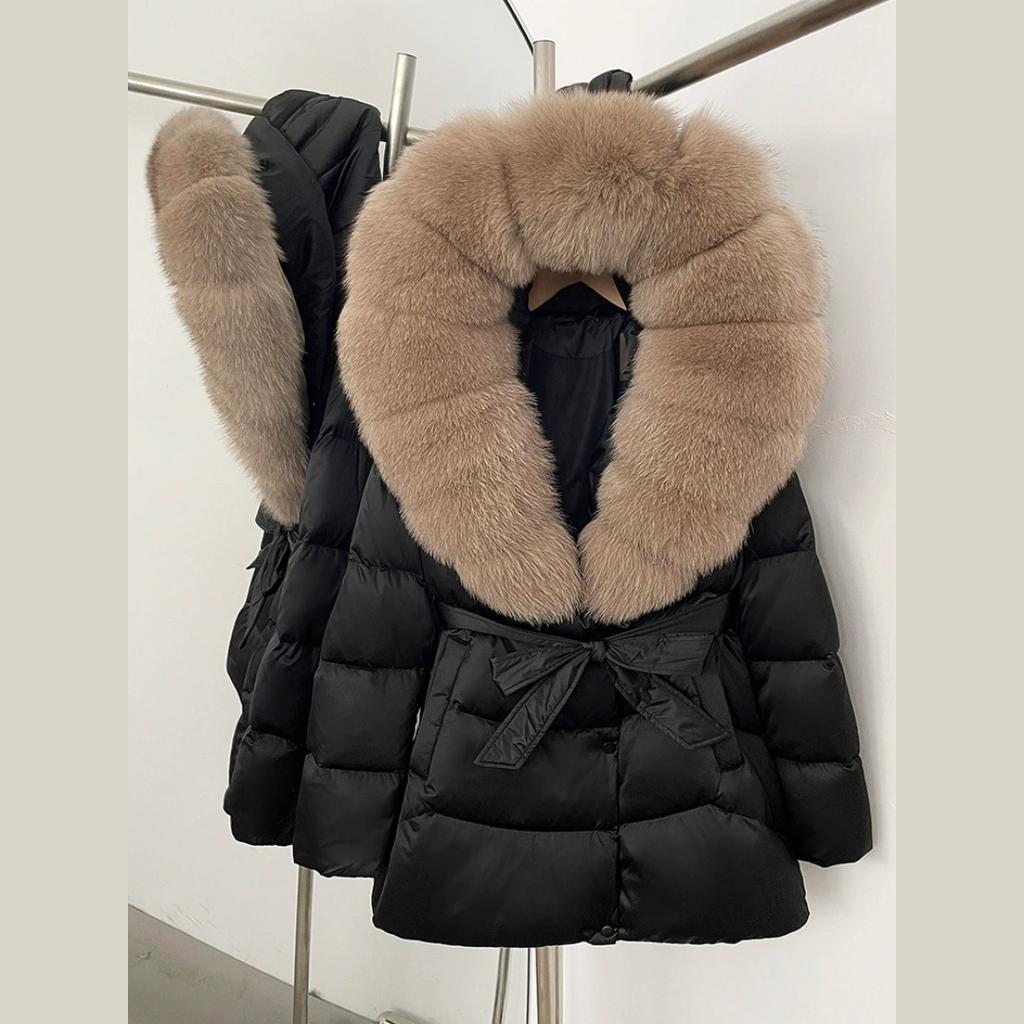 Winter Fox Big Fur Collar High-end Thickened Down Jacket Women's Mid-length Waist Imitation Leather Jacket