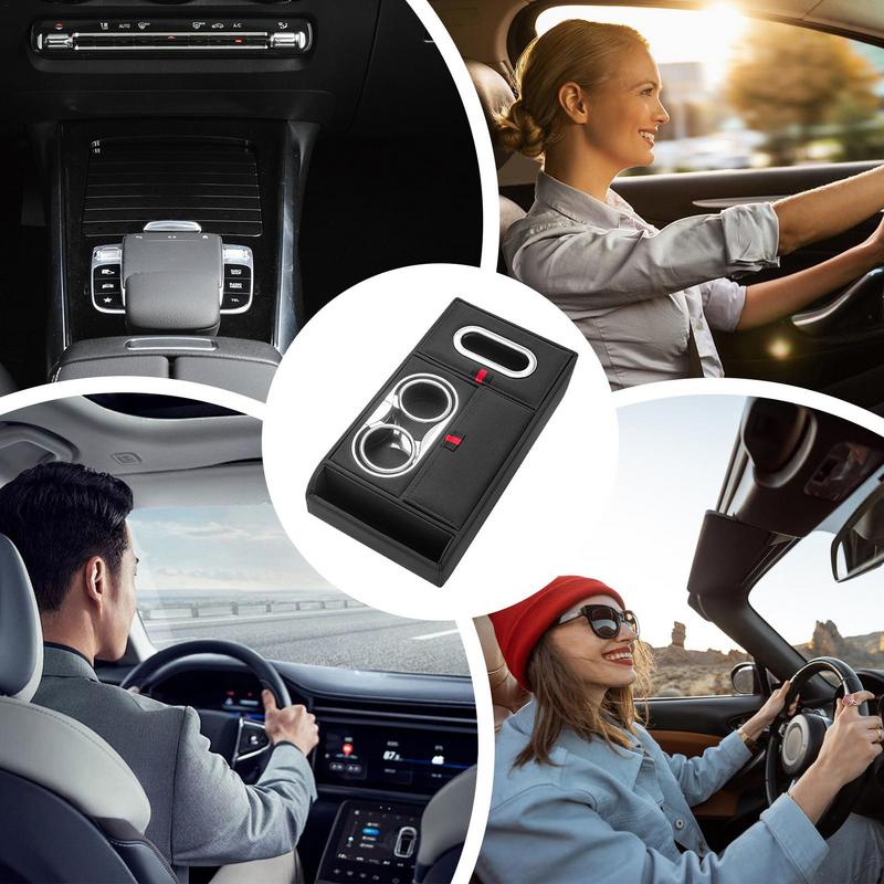 Car Armrest Cover With Cup Holder Waterproof PU Leather Storage Box Center Console Storage Organizer Armrest Box Heightening Pad