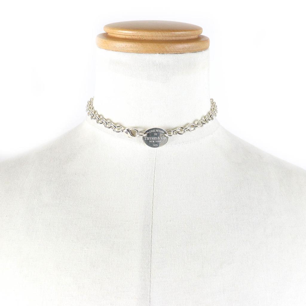 Great TIFFANY&Co. Necklace oval tag choker Silver SV925 mens Used
