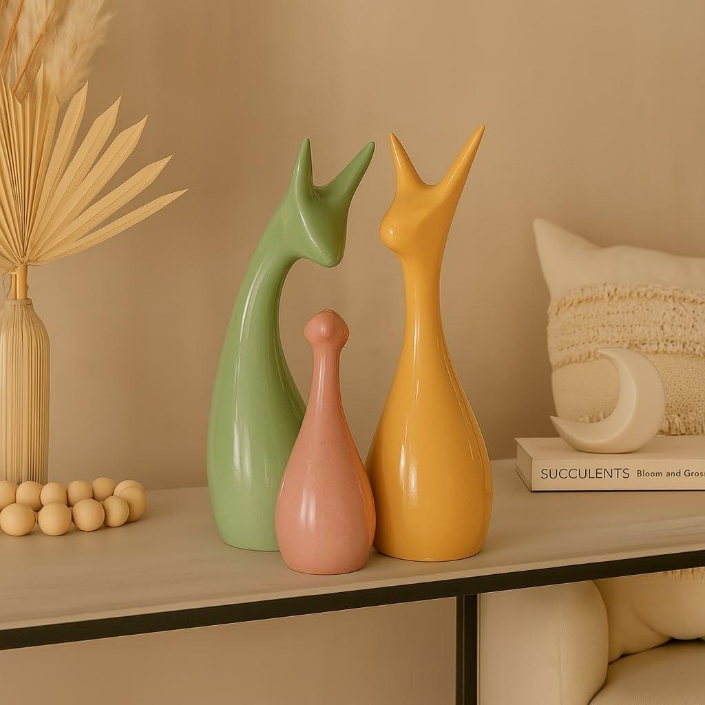 Home Décor Lucky Deer Family Set | Piano Finish Ceramic Figures - (Set of 3 Yellow, Pink, LightGreen)