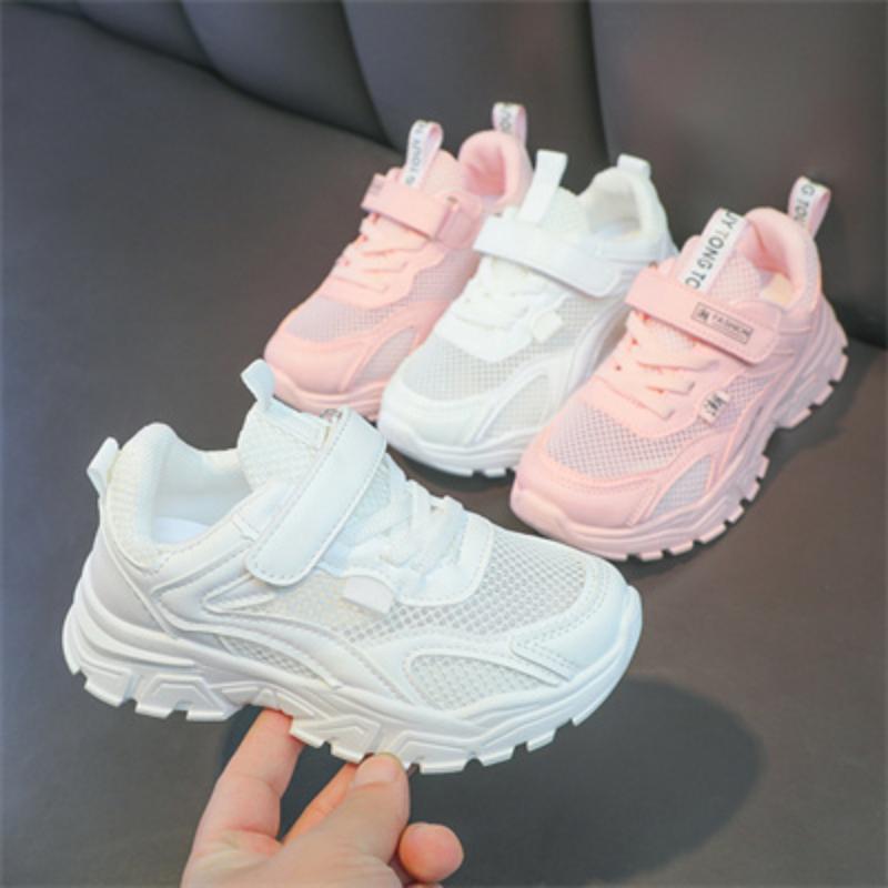 Scarpe casual bianche/rosa in tessuto traspirante, comode e morbide, per bambini, alla moda estiva per studenti, sportive, casual, bianche