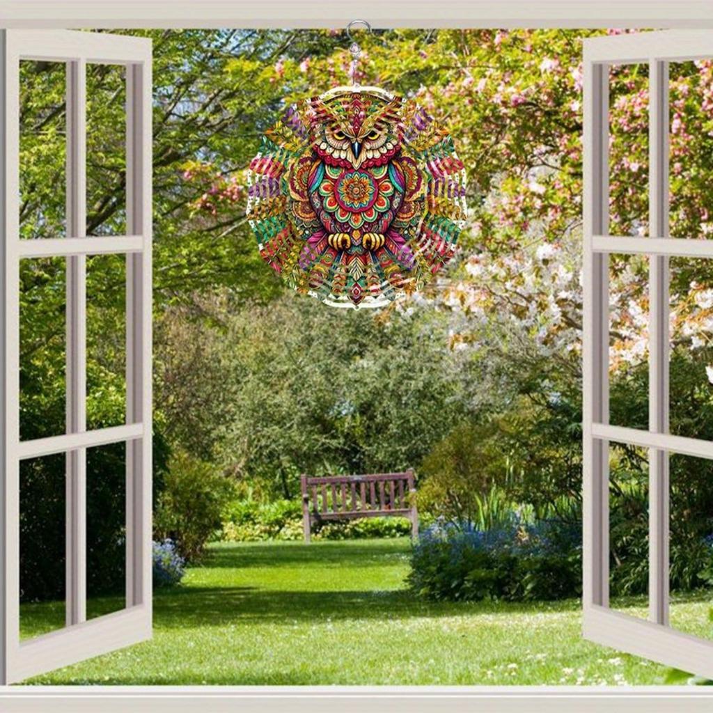 Colorful Mandala Owl Wind Chime for Outdoor Garden Patio Decor Weatherproof 2D Rotating Hanging Art with 360 Degree Hook Holiday Gift